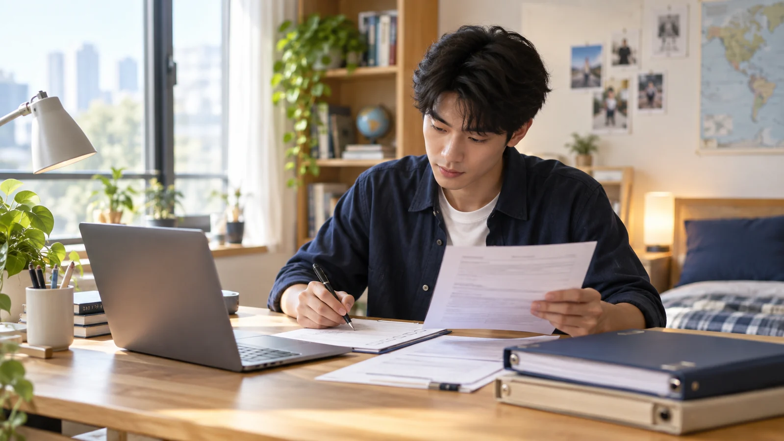 學生在書桌前核對清單、成績與美國留學申請資料的情境示意（AI 示意圖）
